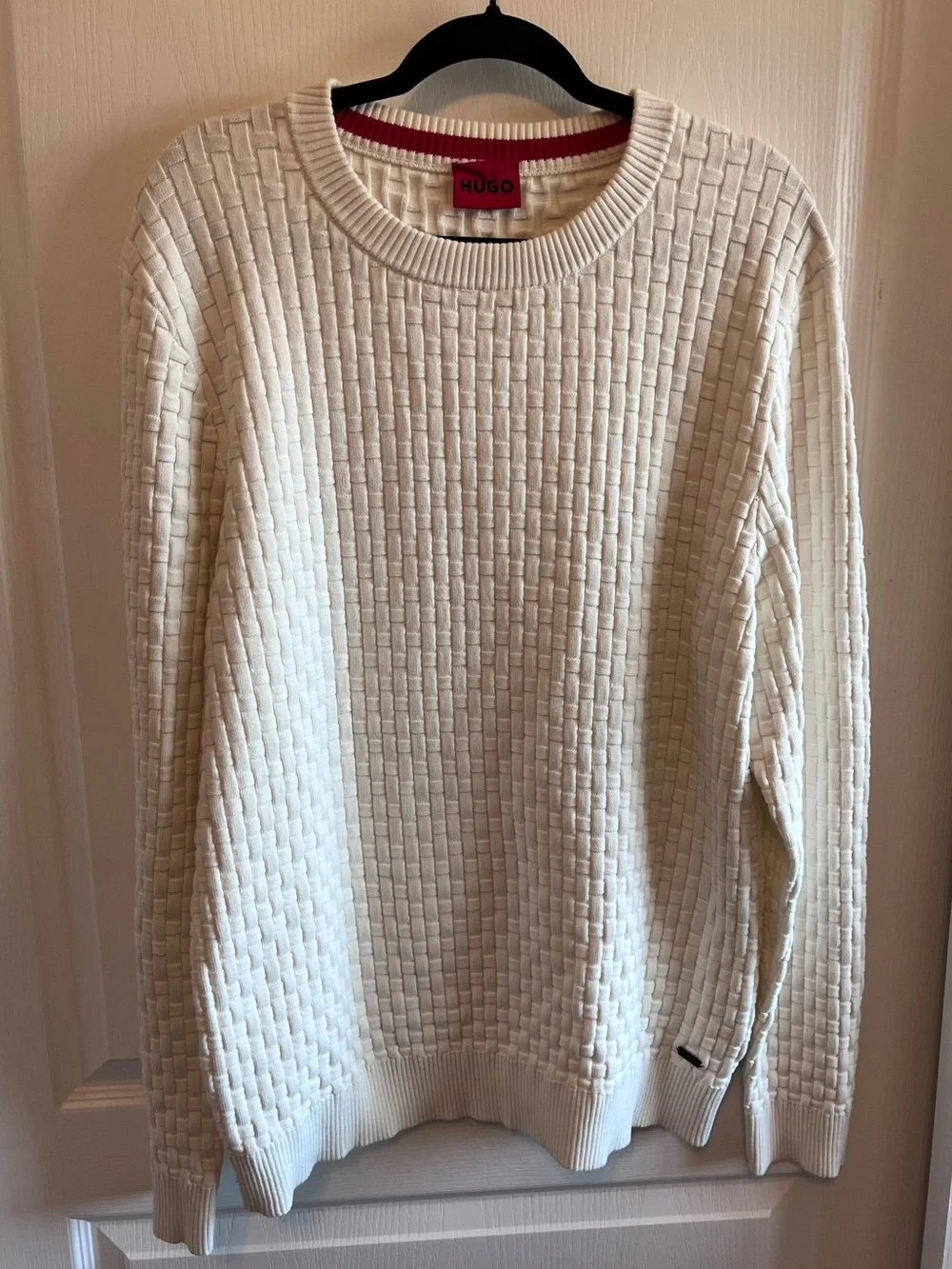 HUGO Boss Mens XL Stubon 3D Basketweave Textured Knit Sweater Off White Cream